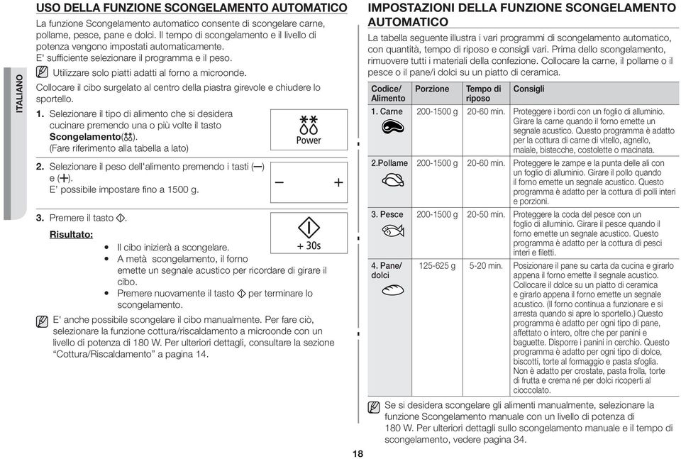 Collocare il cibo surgelato al centro della piastra girevole e chiudere lo sportello. 1. Selezionare il tipo di alimento che si desidera cucinare premendo una o più volte il tasto Scongelamento( ).