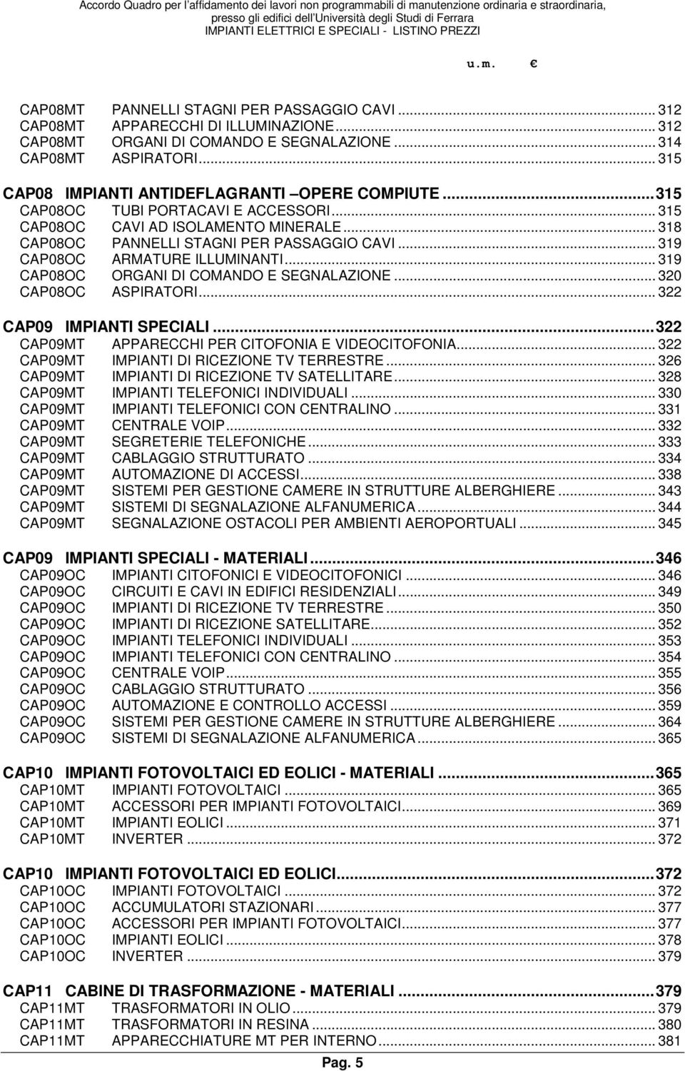 .. 319 CAP08OC ARMATURE ILLUMINANTI... 319 CAP08OC ORGANI DI COMANDO E SEGNALAZIONE... 320 CAP08OC ASPIRATORI... 322 CAP09 IMPIANTI SPECIALI... 322 CAP09MT APPARECCHI PER CITOFONIA E VIDEOCITOFONIA.