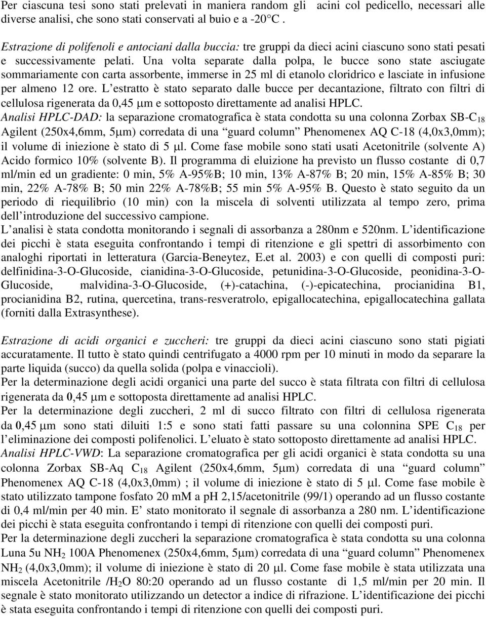 Una volta separate dalla polpa, le bucce sono state asciugate sommariamente con carta assorbente, immerse in 5 ml di etanolo cloridrico e lasciate in infusione per almeno ore.