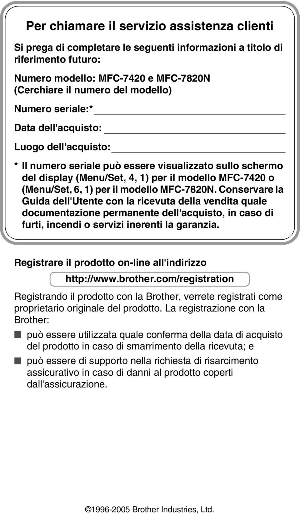 modello MFC-7820N. Conservare la Guida dell'utente con la ricevuta della vendita quale documentazione permanente dell'acquisto, in caso di furti, incendi o servizi inerenti la garanzia.