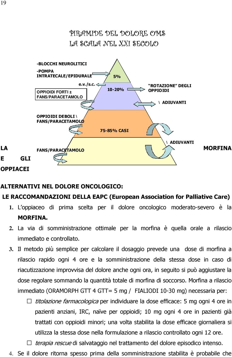 RACCOMANDAZIONI DELLA EAPC (European Association for Palliative Care) 1. L oppiaceo di prima scelta per il dolore oncologico moderato-severo è la MORFINA. 2.