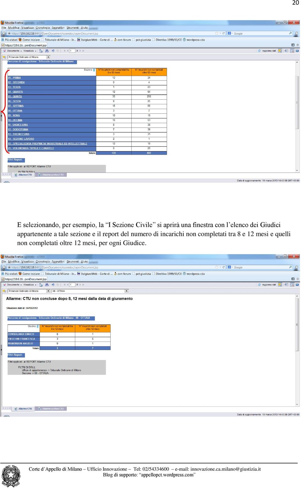 sezione e il report del numero di incarichi non completati tra