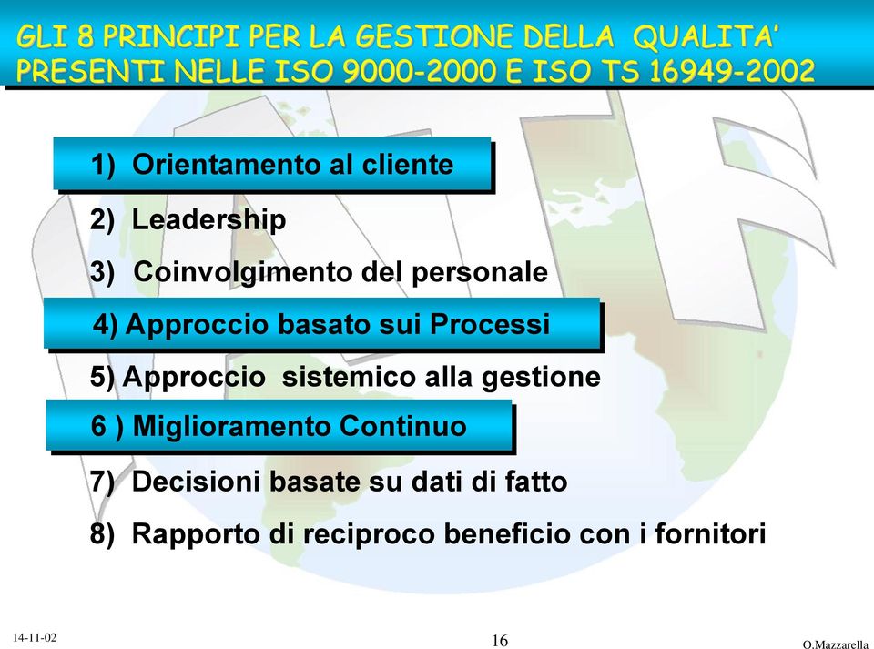 Approccio basato sui Processi 5) Approccio sistemico alla gestione 6 ) Miglioramento