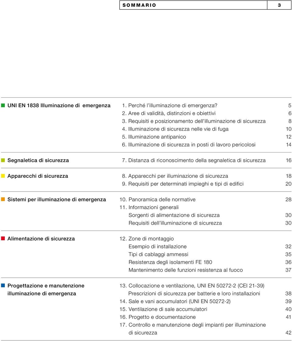 Illuminazione di sicurezza in posti di lavoro pericolosi 14 Segnaletica di sicurezza 7. Distanza di riconoscimento della segnaletica di sicurezza 16 Apparecchi di sicurezza 8.