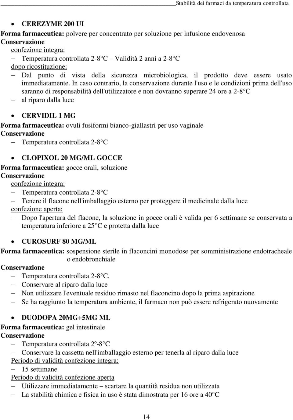 In caso contrario, la conservazione durante l'uso e le condizioni prima dell'uso saranno di responsabilità dell'utilizzatore e non dovranno superare 24 ore a 2-8 C al riparo dalla luce CERVIDIL 1 MG