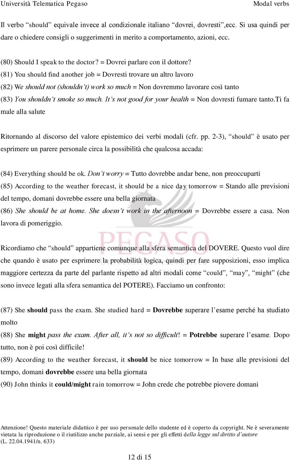 (81) You should find another job = Dovresti trovare un altro lavoro (82) We should not (shouldn t) work so much = Non dovremmo lavorare così tanto (83) You shouldn t smoke so much.