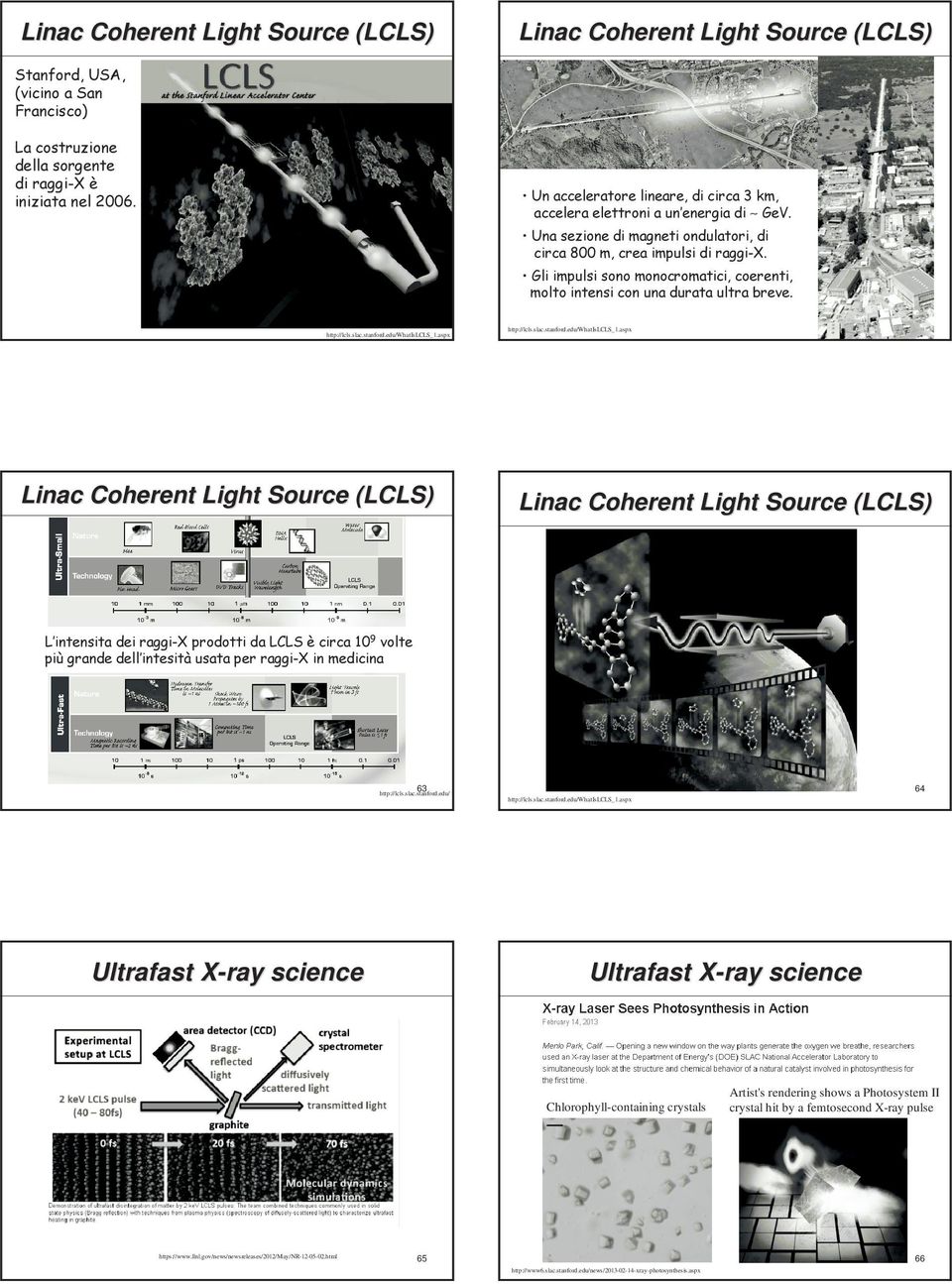 Gli impulsi sono monocromatici, coerenti, molto intensi con una durata ultra breve. 61 http://lcls.slac.stanford.edu/whatislcls_1.