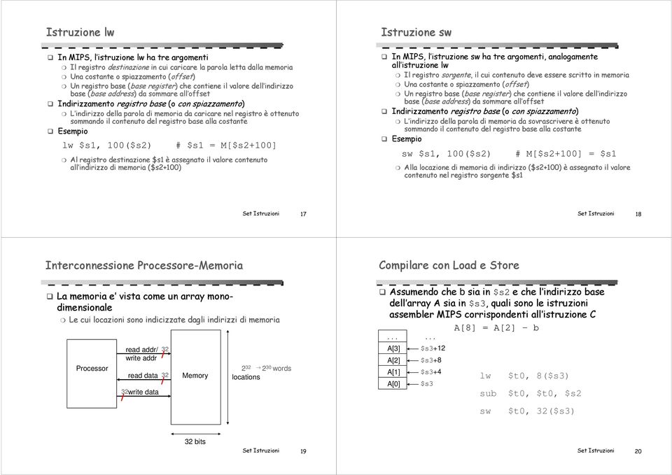 registro è ottenuto sommando il contenuto del registro base alla costante Esempio lw $s1, 100($s2) # $s1 = M[$s2+100] Al registro destinazione $s1 è assegnato il valore contenuto all indirizzo di