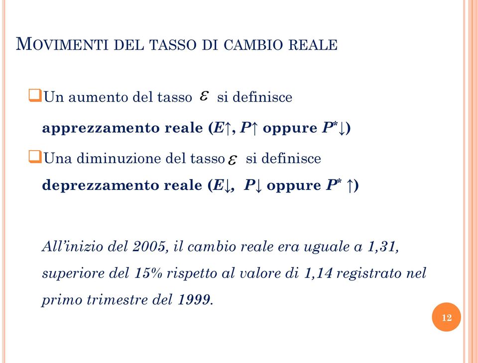 deprezzamento reale (E, P oppure P * ) All inizio del 2005, il cambio reale era