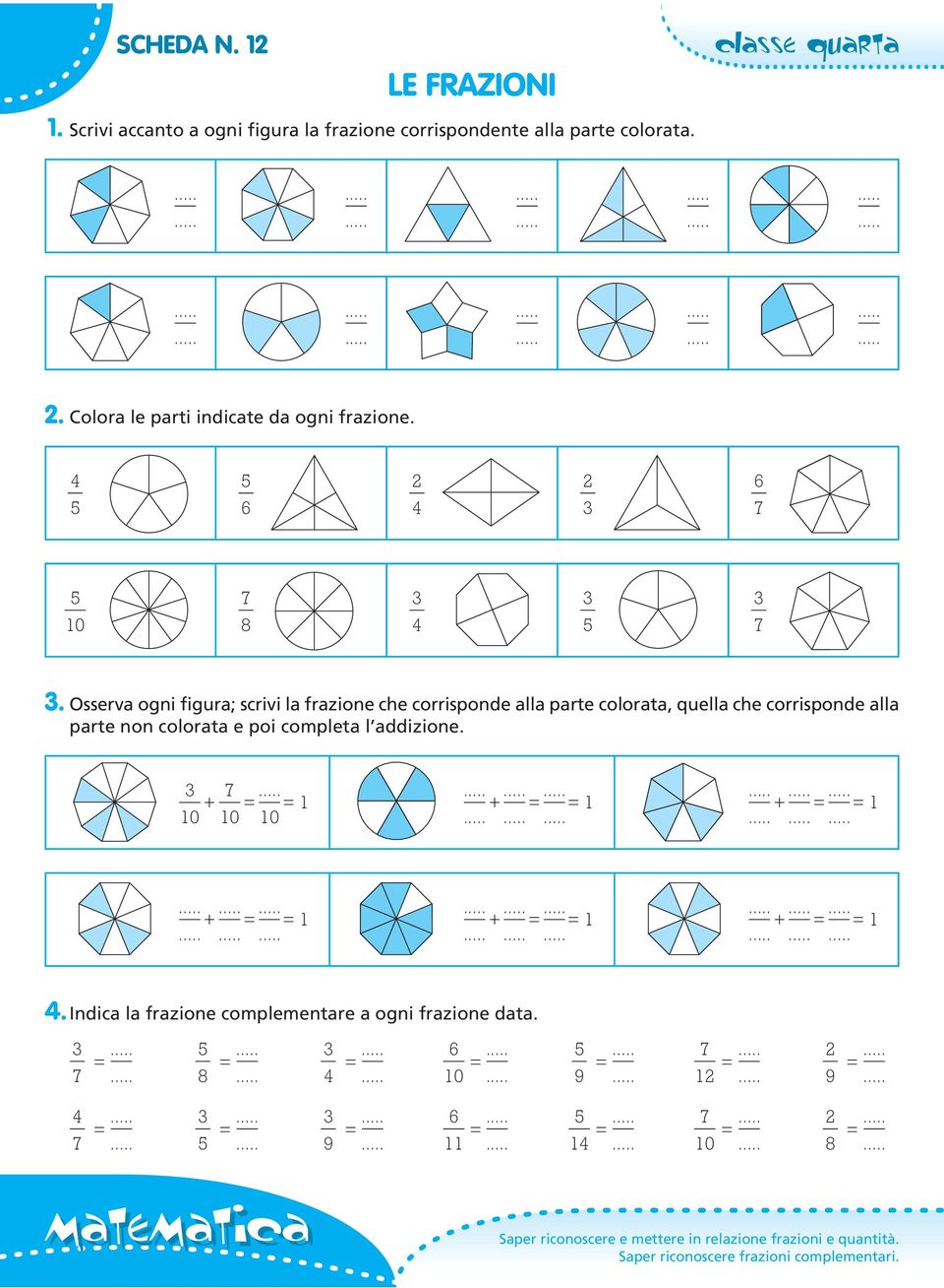 Osserva ogni figura; scrivi la frazione che corrisponde alla parte colorata, quella che corrisponde alla parte non colorata e poi completa l