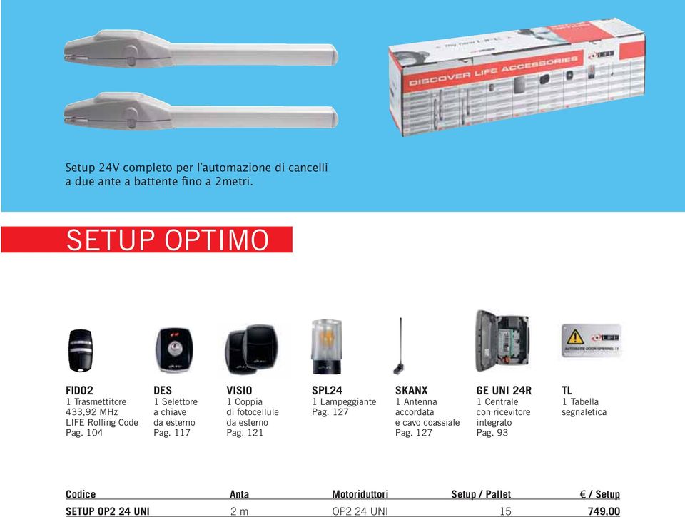 117 VISIO 1 Coppia di fotocellule da esterno Pag. 121 SPL24 1 Lampeggiante Pag.