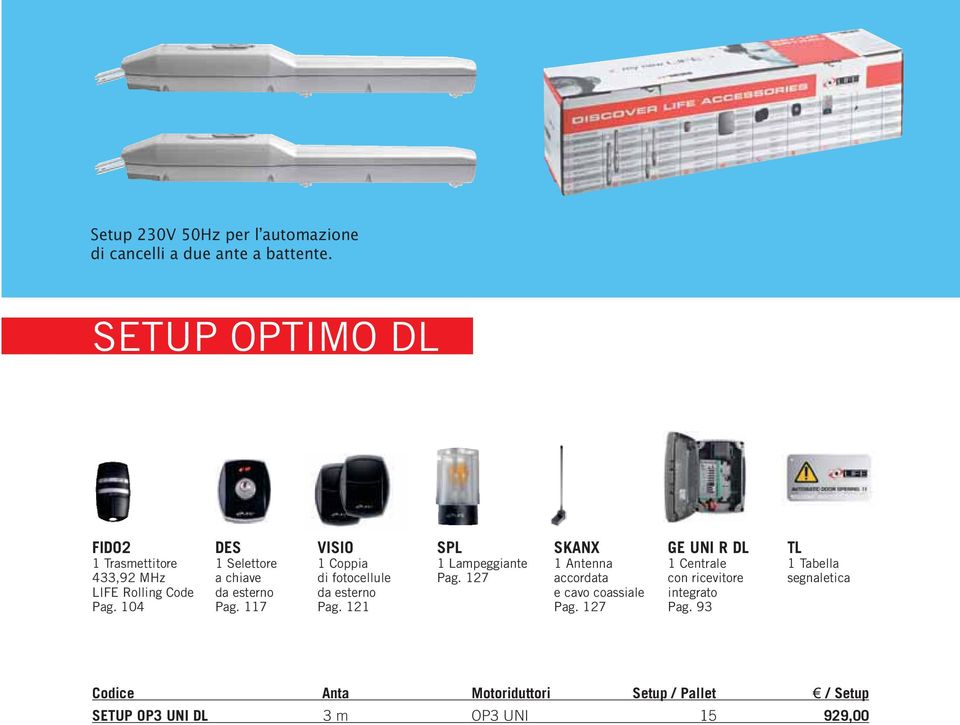 117 VISIO 1 Coppia di fotocellule da esterno Pag. 121 SPL 1 Lampeggiante Pag.