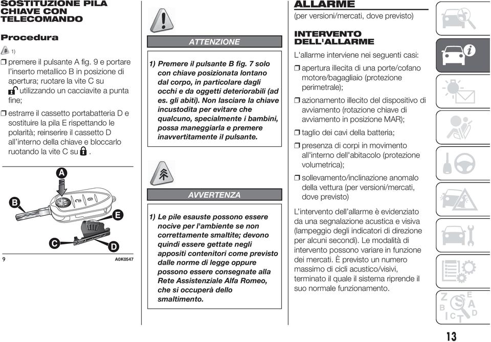 polarità; reinserire il cassetto D all interno della chiave e bloccarlo ruotando la vite C su. 9 A0K0547 ATTENZIONE 1) Premere il pulsante B fig.