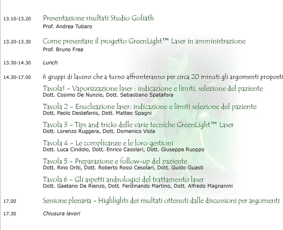 Sebastiano Spatafora Tavola 2 - Enucleazione laser: indicazione e limiti selezione del paziente Dott. Paolo Destefanis, Dott.