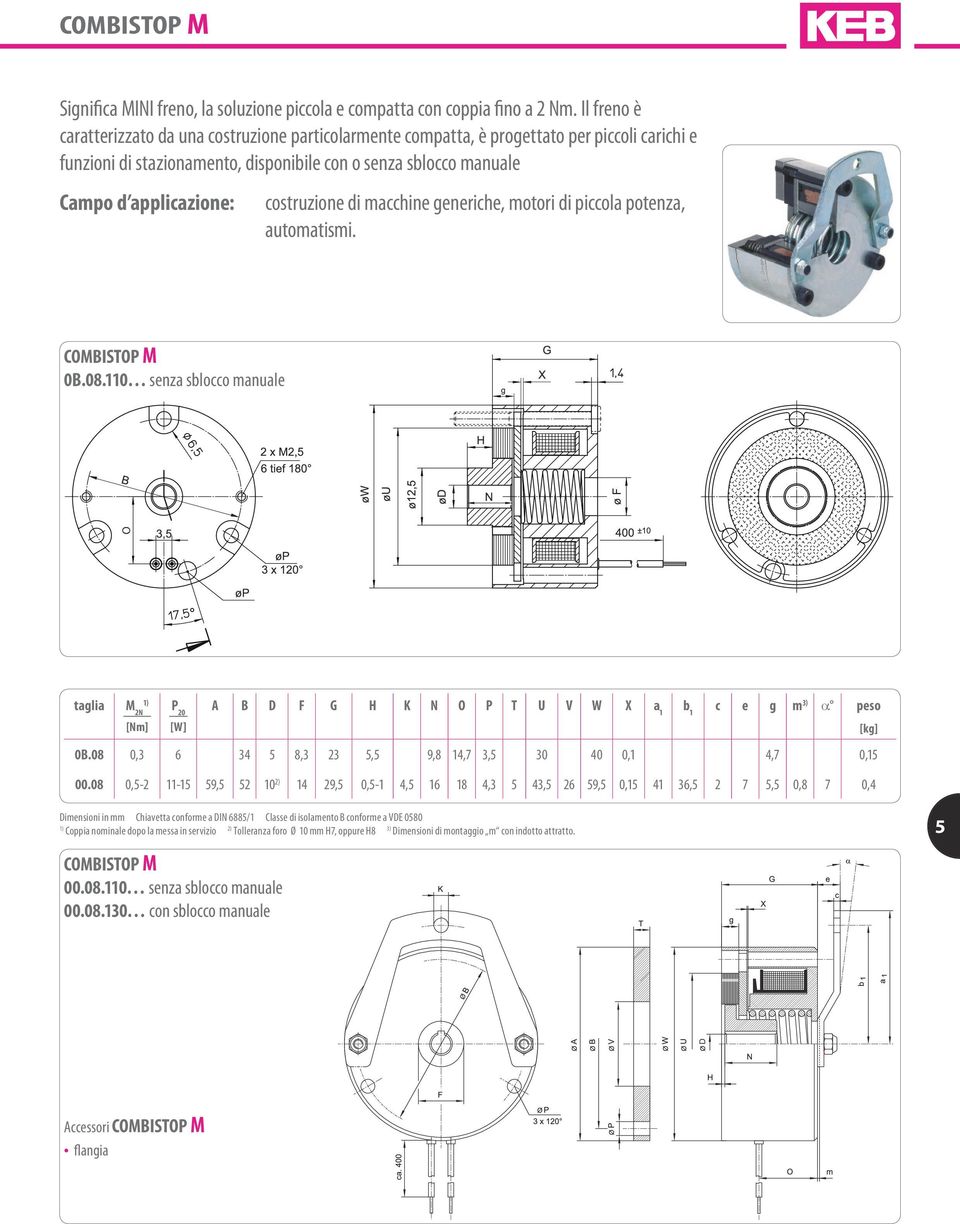 costruzione di macchine generiche, motori di piccola potenza, automatismi. COMBISTOP M 0B.08.