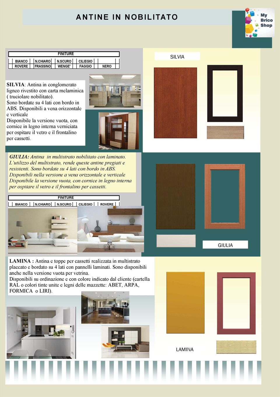 GIULIA: Antina in multistrato nobilitato con laminato. L utilizzo del multistrato, rende queste antine pregiati e resistenti. Sono bordate su 4 lati con bordo in ABS.