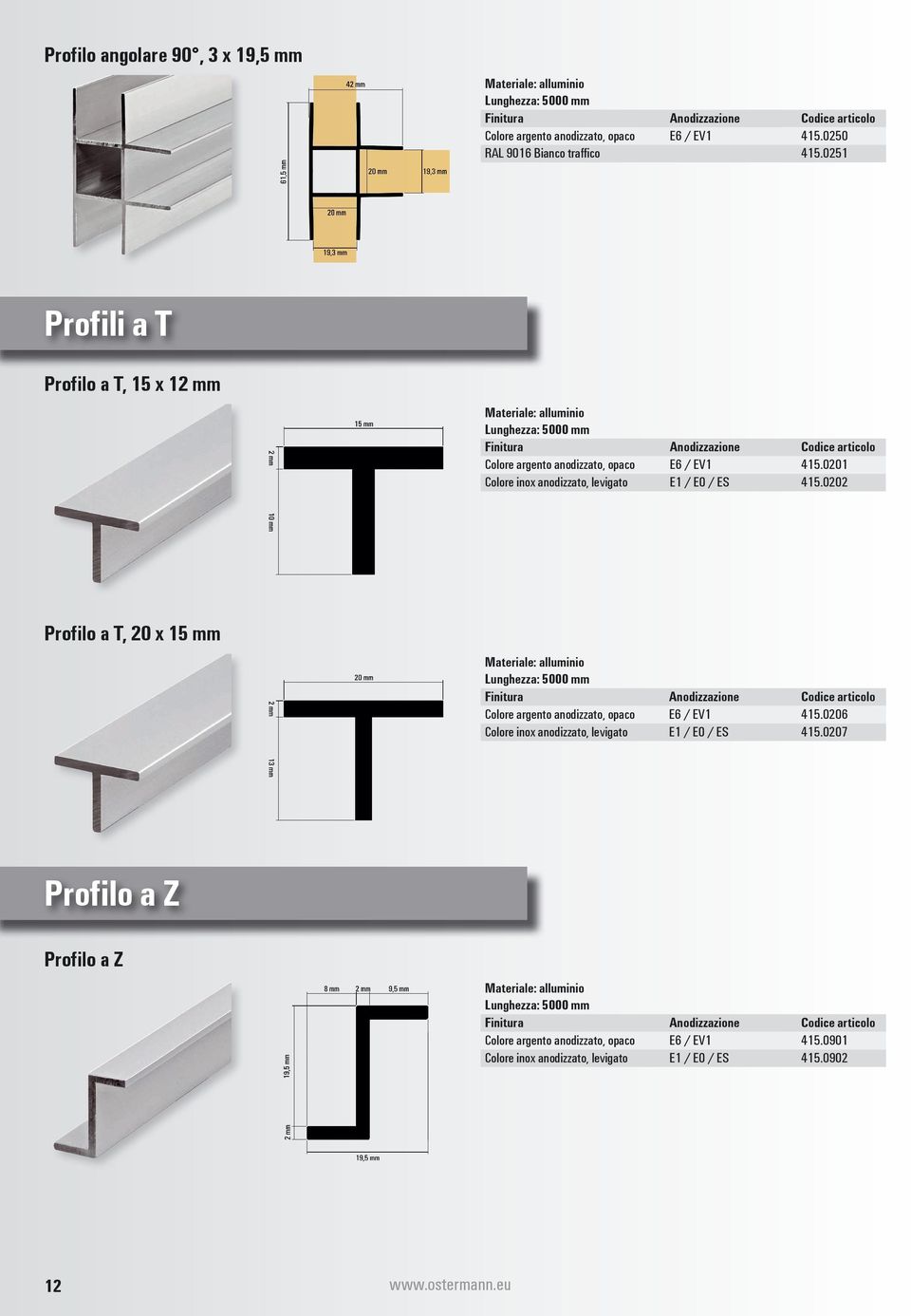 0201 Colore inox anodizzato, levigato E1 / E0 / ES 415.0202 Profilo a T, 20 x 15 mm Colore argento anodizzato, opaco E6 / EV1 415.