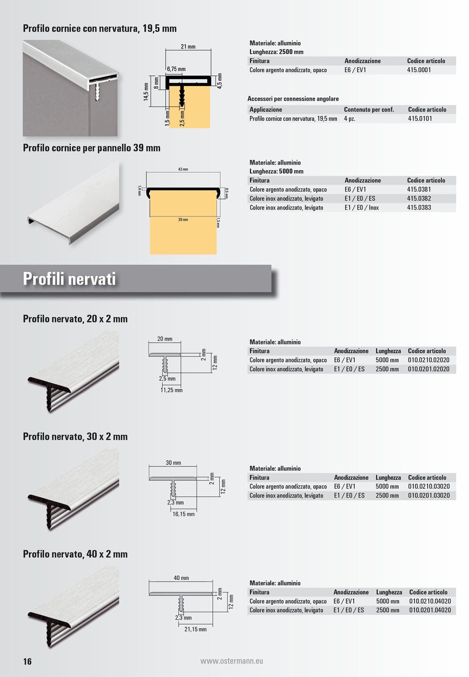 0382 Colore inox anodizzato, levigato E1 / E0 / Inox 415.0383 Profili nervati Profilo nervato, 20 x 2 mm Finitura Anodizzazione Lunghezza Colore argento anodizzato, opaco E6 / EV1 5000 mm 010.0210.