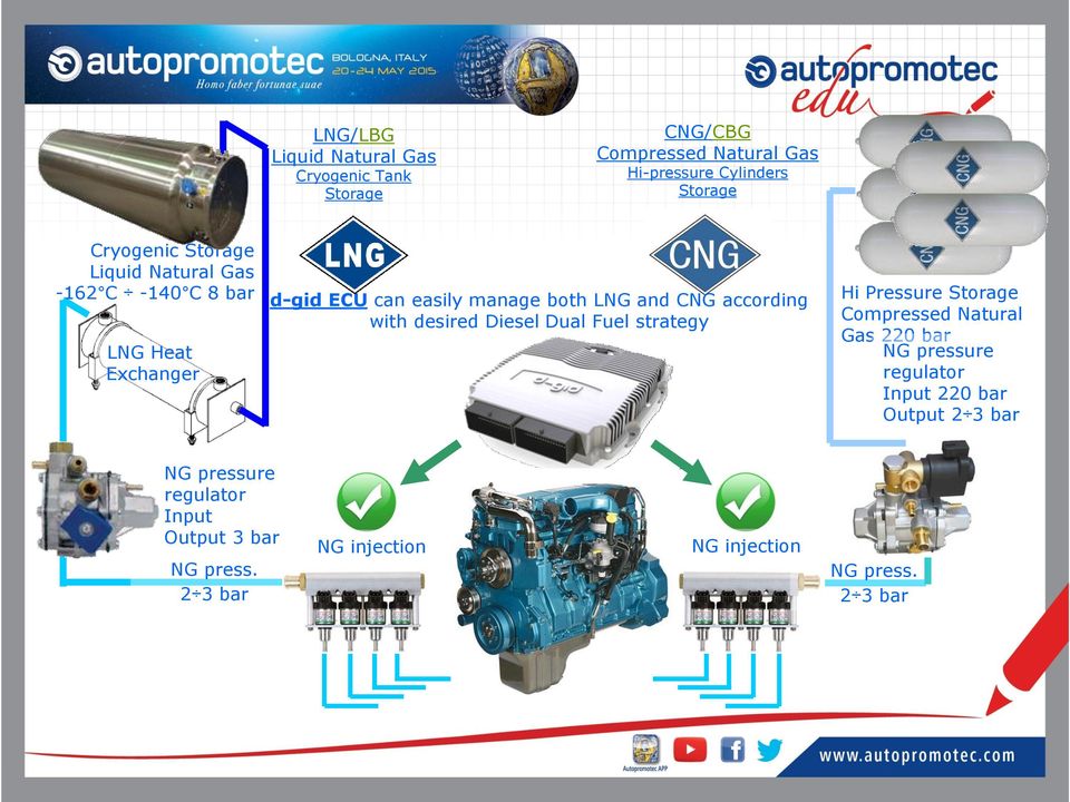 with desired Diesel Dual Fuel strategy Hi Pressure Storage Compressed Natural Gas 220 bar NG pressure regulator Input 220