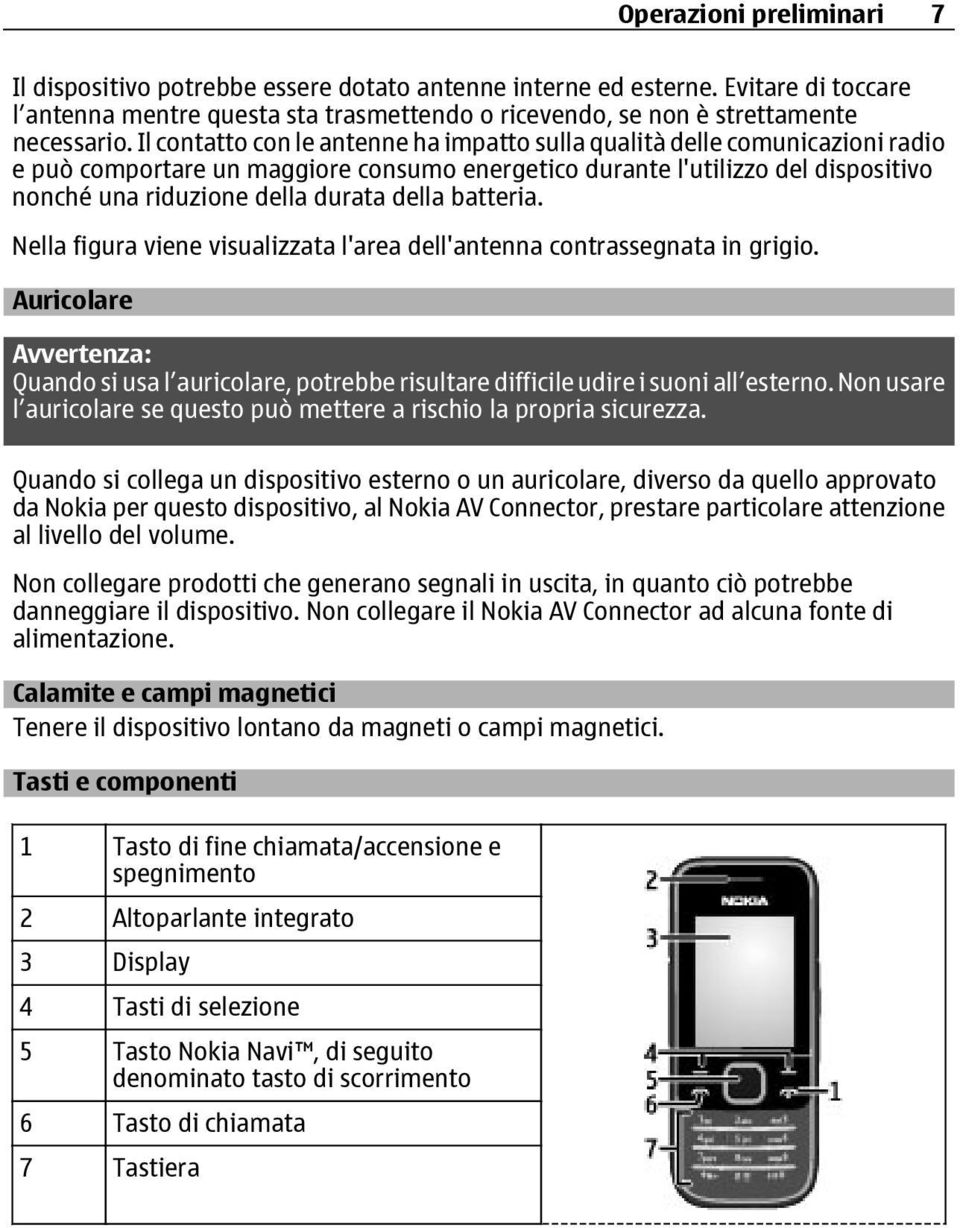 della batteria. Nella figura viene visualizzata l'area dell'antenna contrassegnata in grigio. Auricolare Avvertenza: Quando si usa l auricolare, potrebbe risultare difficile udire i suoni all esterno.