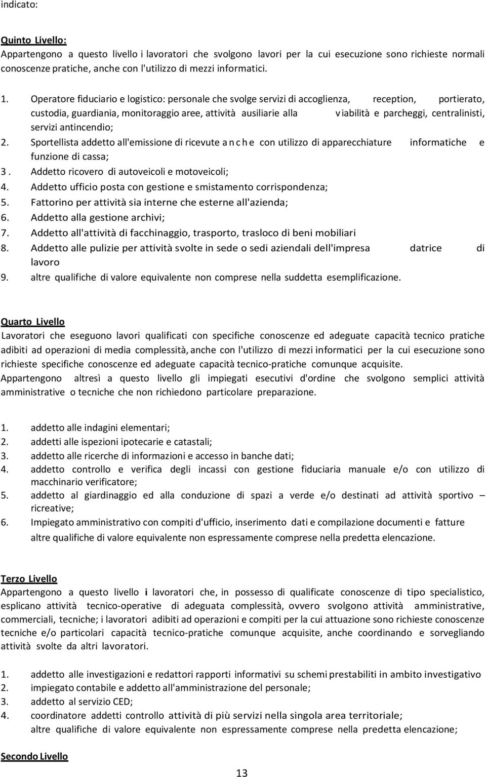 centralinisti, servizi antincendio; 2. Sportellista addetto all'emissione di ricevute a n c h e con utilizzo di apparecchiature informatiche e funzione di cassa; 3.