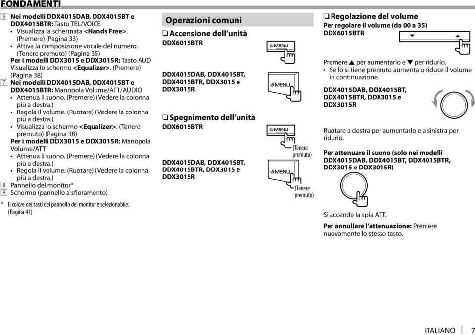 (Premere) (Pagina 38) 7 Nei modelli DDX4015DAB, DDX4015BT e DDX4015BTR: Manopola Volume/ATT/AUDIO Attenua il suono. (Premere) (Vedere la colonna più a destra.) Regola il volume.