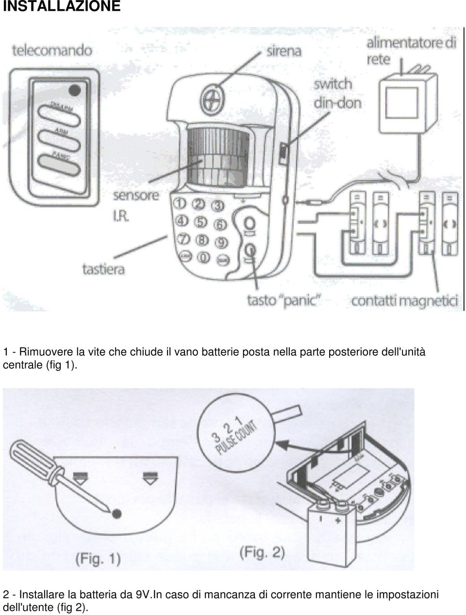 (fig 1). 2 - Installare la batteria da 9V.