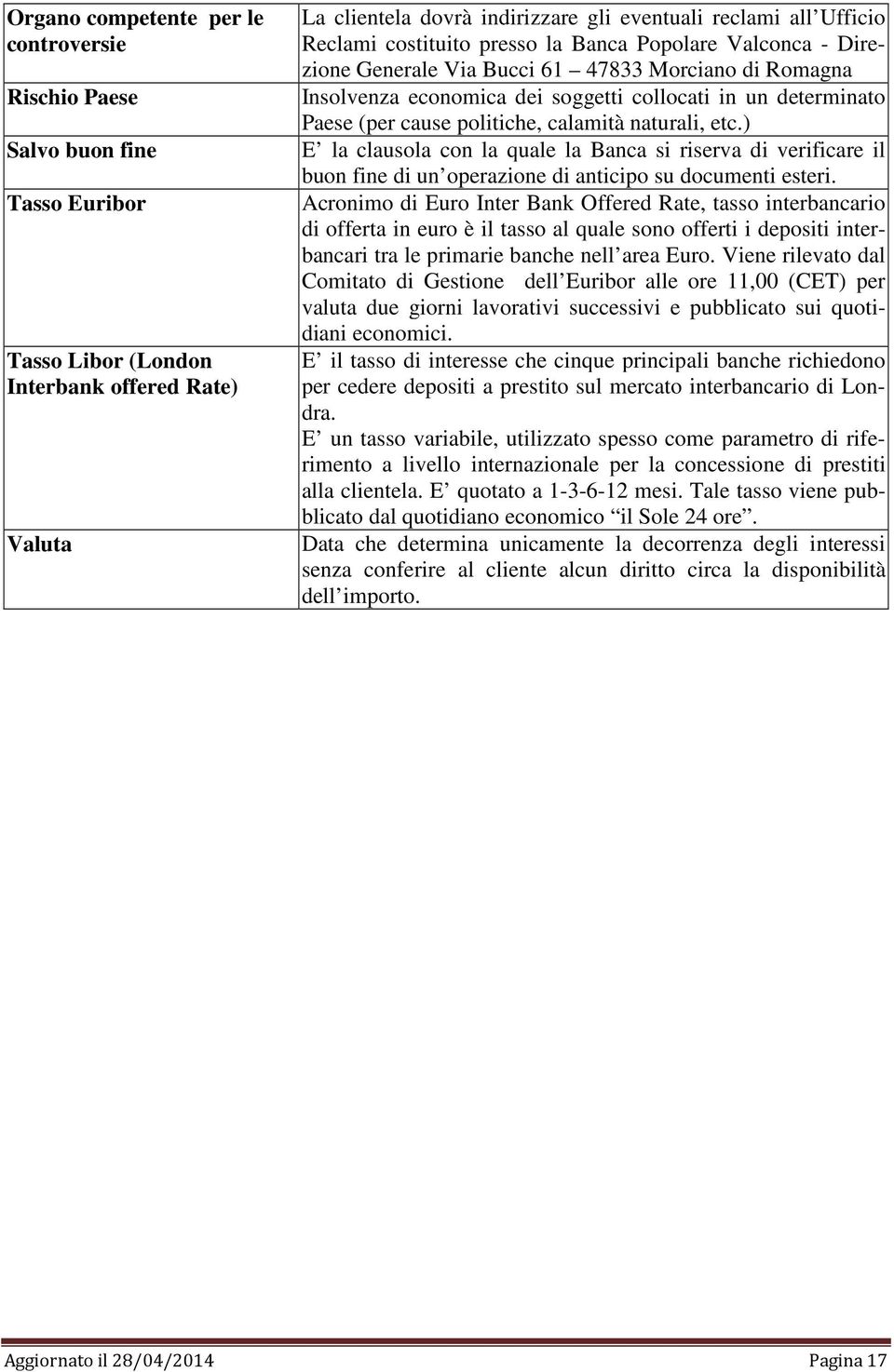 politiche, calamità naturali, etc.) E la clausola con la quale la Banca si riserva di verificare il buon fine di un operazione di anticipo su documenti esteri.