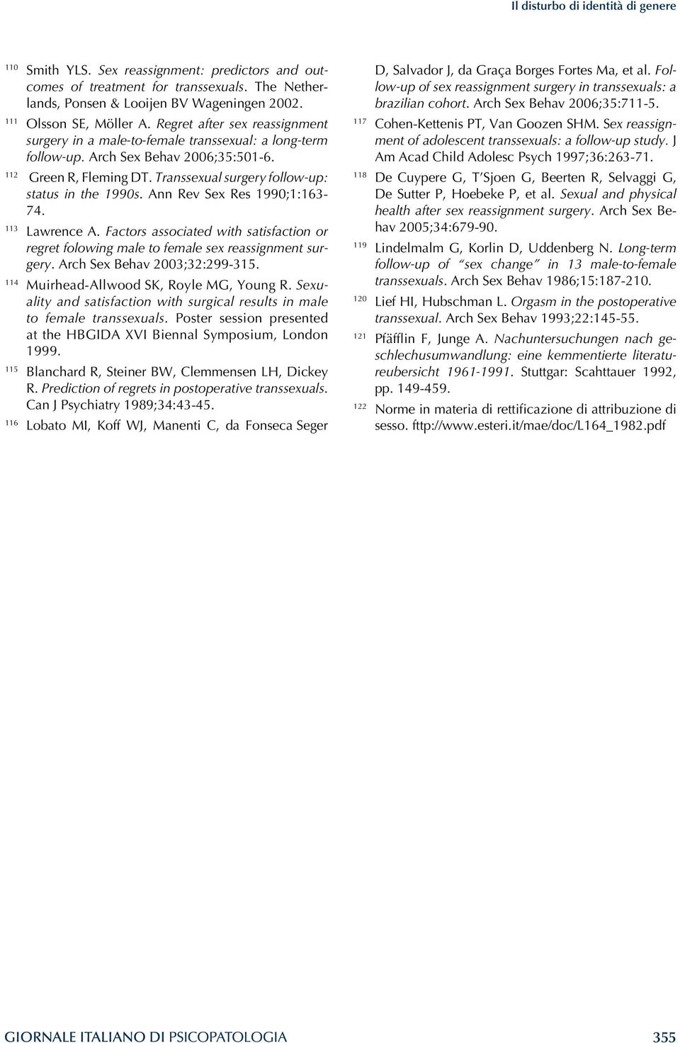 Ann Rev Sex Res 1990;1:163-74. 113 Lawrence A. Factors associated with satisfaction or regret folowing male to female sex reassignment surgery. Arch Sex Behav 2003;32:299-315.