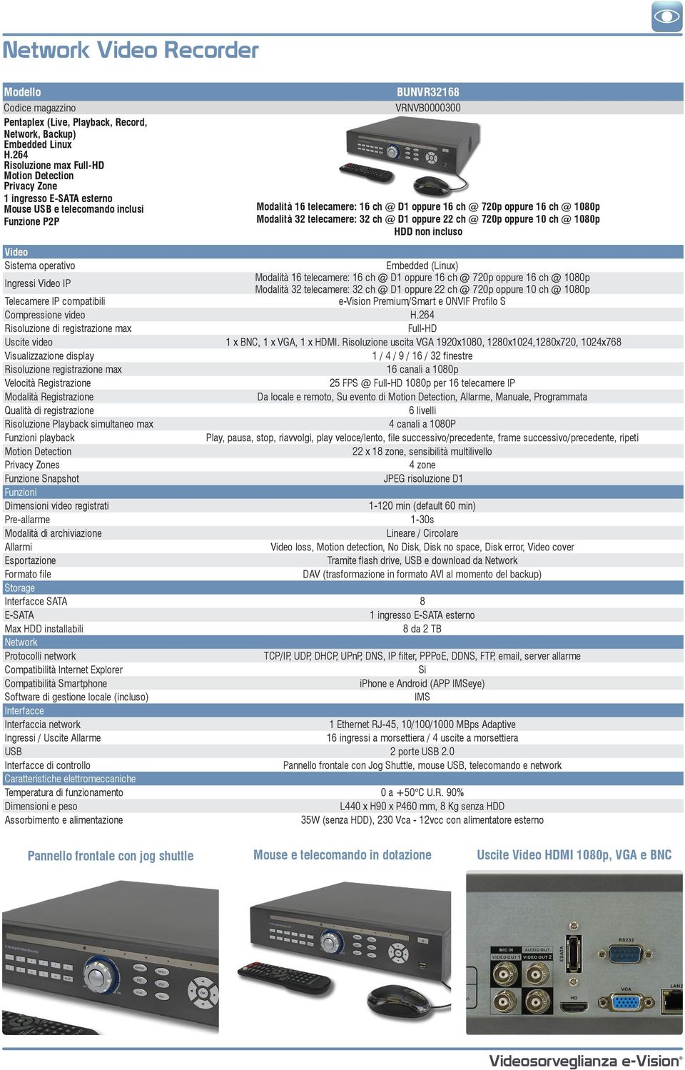 ch @ 720p oppure 16 ch @ 1080p Modalità 32 telecamere: 32 ch @ D1 oppure 22 ch @ 720p oppure 10 ch @ 1080p HDD non incluso Video Sistema operativo Embedded (Linux) Ingressi Video IP Modalità 16