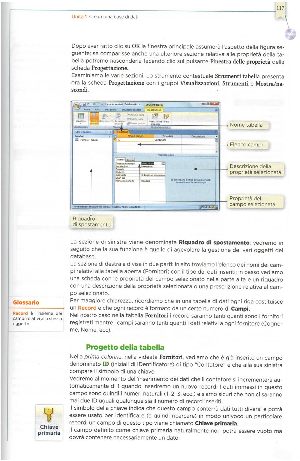 Lo strumento contestuale Strumenti tabella presenta ora la scheda Progettazione con i gruppi Visualizzazioni, Strumenti e Mostra/nascondi. : I Esempra fornitori : Databas Nome tabella.. -.