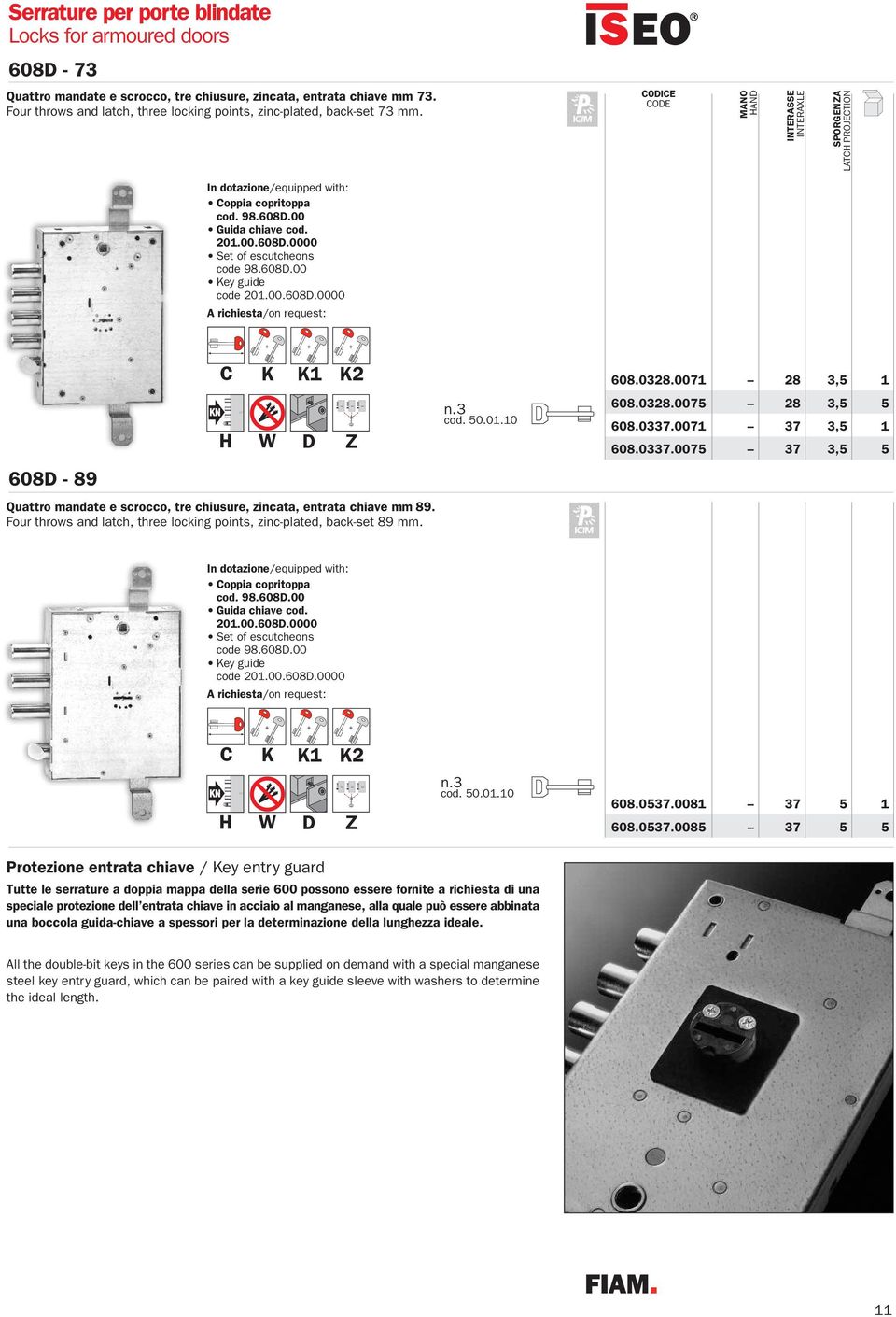 608D.00 Key guide code 201.00.608D.0000 608D - 89 KN Quattro mandate e scrocco, tre chiusure, zincata, entrata chiave mm 89. Four throws and latch, three locking points, zinc-plated, back-set 89 mm.