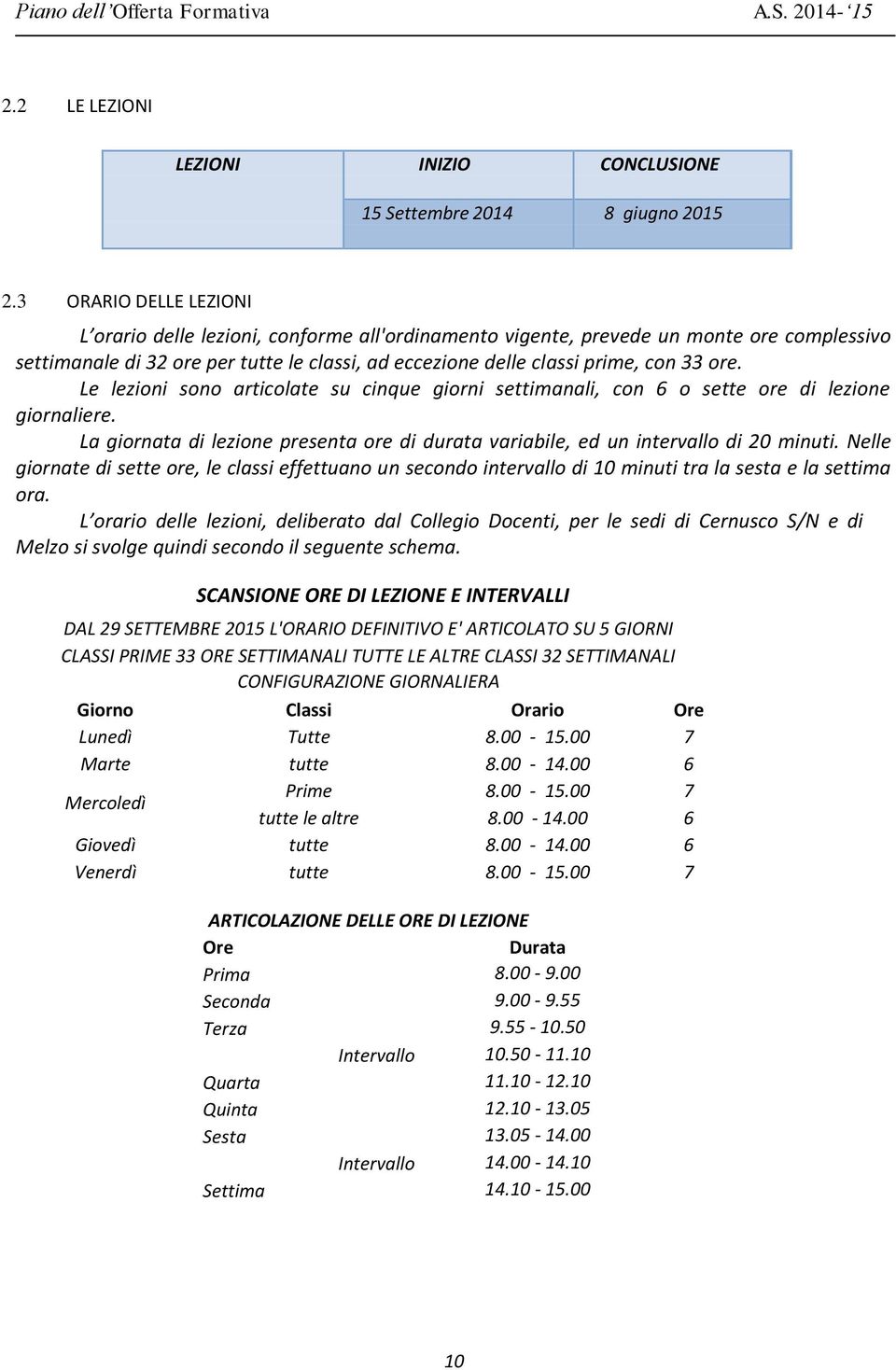 ore. Le lezioni sono articolate su cinque giorni settimanali, con 6 o sette ore di lezione giornaliere. La giornata di lezione presenta ore di durata variabile, ed un intervallo di 20 minuti.