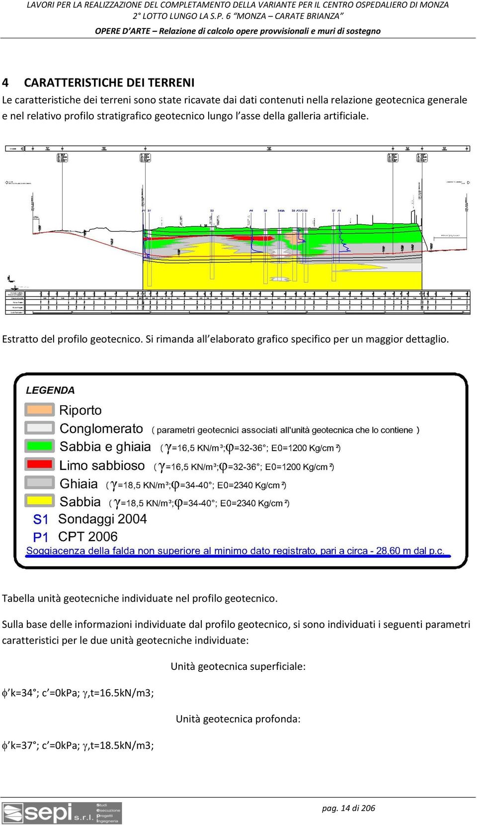 Tabella unità geotecniche individuate nel profilo geotecnico.