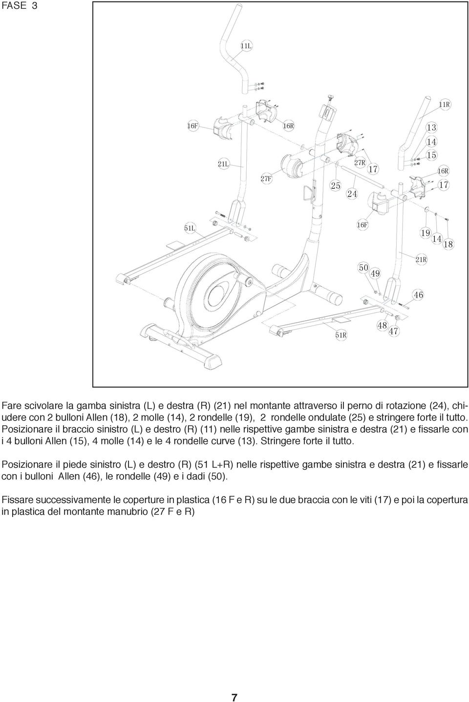 Posizionare il braccio sinistro (L) e destro (R) () nelle rispettive gambe sinistra e destra () e fissarle con i bulloni Allen (5), molle () e le rondelle curve (3). Stringere forte il tutto.