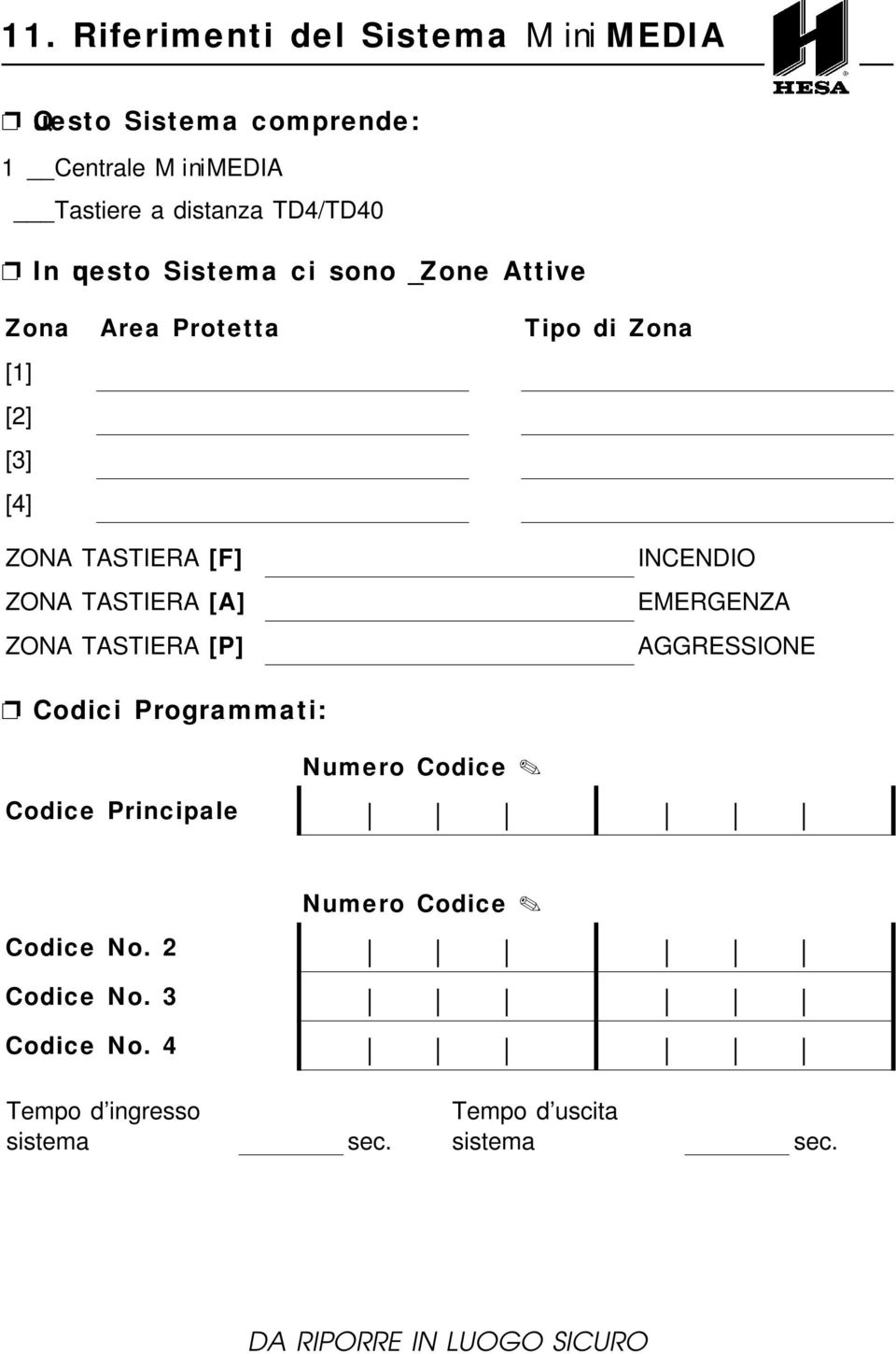 ZONA TASTIERA [P] INCENDIO EMERGENZA AGGRESSIONE Codici Programmati: Numero Codice Codice Principale Numero Codice