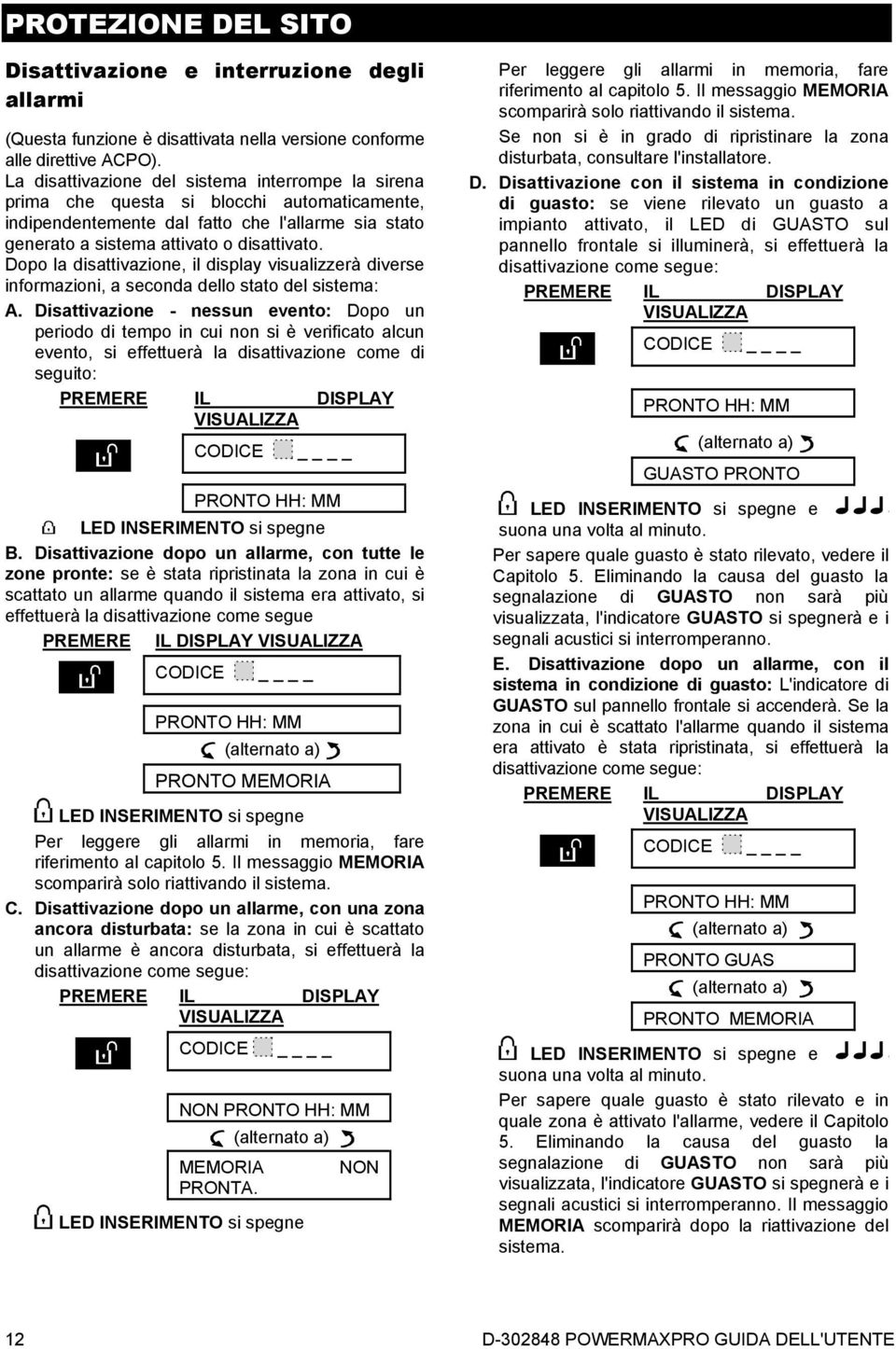 Dopo la disattivazione, il display visualizzerà diverse informazioni, a seconda dello stato del sistema: A.