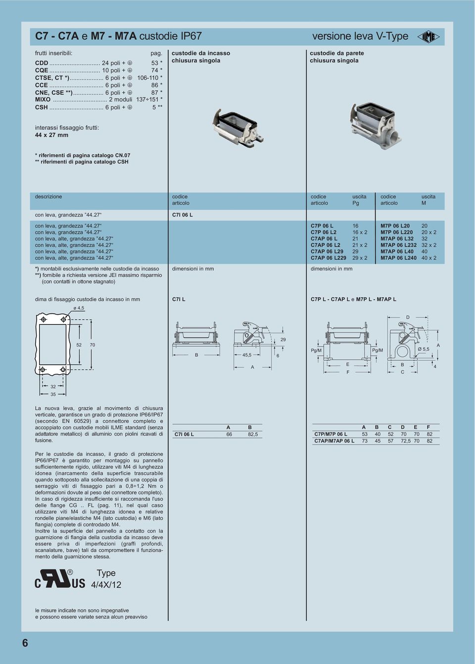 .. 6 poli + m 5 ** custodie da incasso chiusura singola custodie da parete chiusura singola interassi fissaggio frutti: 44 x 27 mm * riferimenti di pagina catalogo CN.