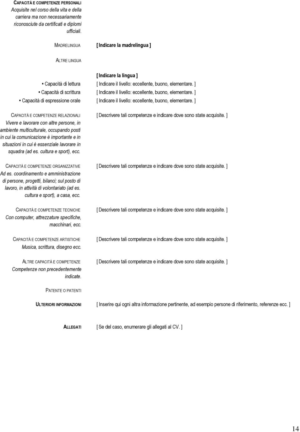 ] Capacità di scrittura [ Indicare il livello: eccellente, buono, elementare. ] Capacità di espressione orale [ Indicare il livello: eccellente, buono, elementare.