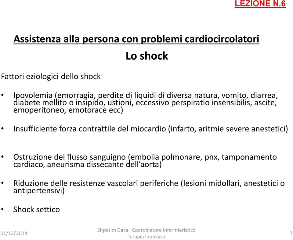 miocardio (infarto, aritmie severe anestetici) Ostruzione del flusso sanguigno (embolia polmonare, pnx, tamponamento cardiaco, aneurisma