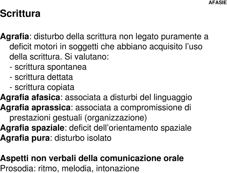 Si valutano: - scrittura spontanea - scrittura dettata - scrittura copiata Agrafia afasica: associata a disturbi del linguaggio