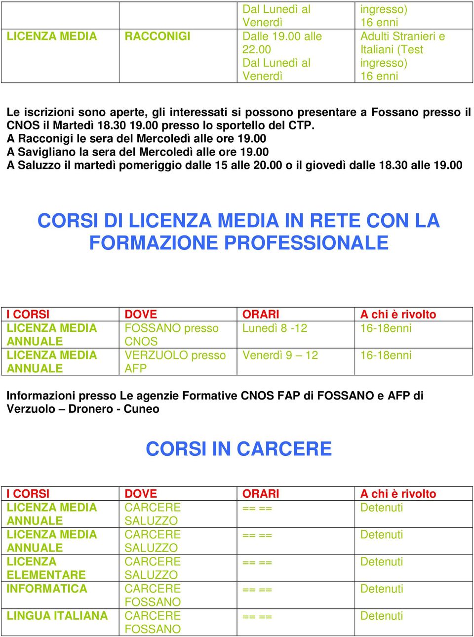 00 presso lo sportello del CTP. A Racconigi le sera del Mercoledì alle ore 19.00 A Savigliano la sera del Mercoledì alle ore 19.00 A Saluzzo il martedì pomeriggio dalle 15 alle 20.