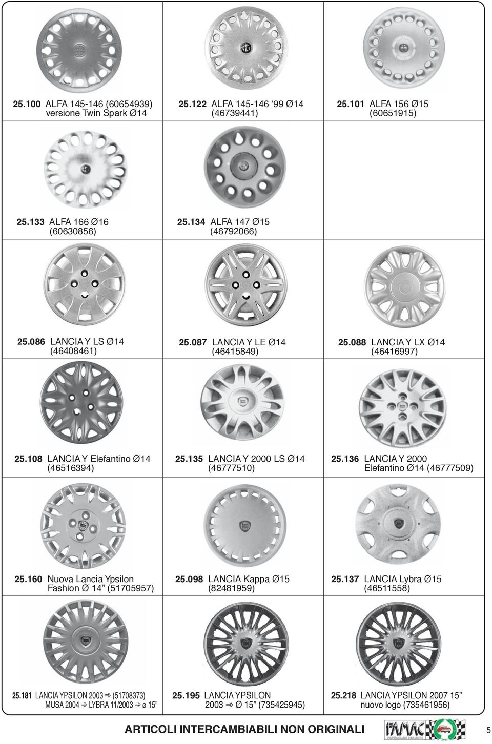 135 LANCIA Y 2000 LS Ø14 (46777510) 25.136 LANCIA Y 2000 Elefantino Ø14 (46777509) 25.160 Nuova Lancia Ypsilon Fashion Ø 14 (51705957) 25.098 LANCIA Kappa Ø15 (82481959) 25.