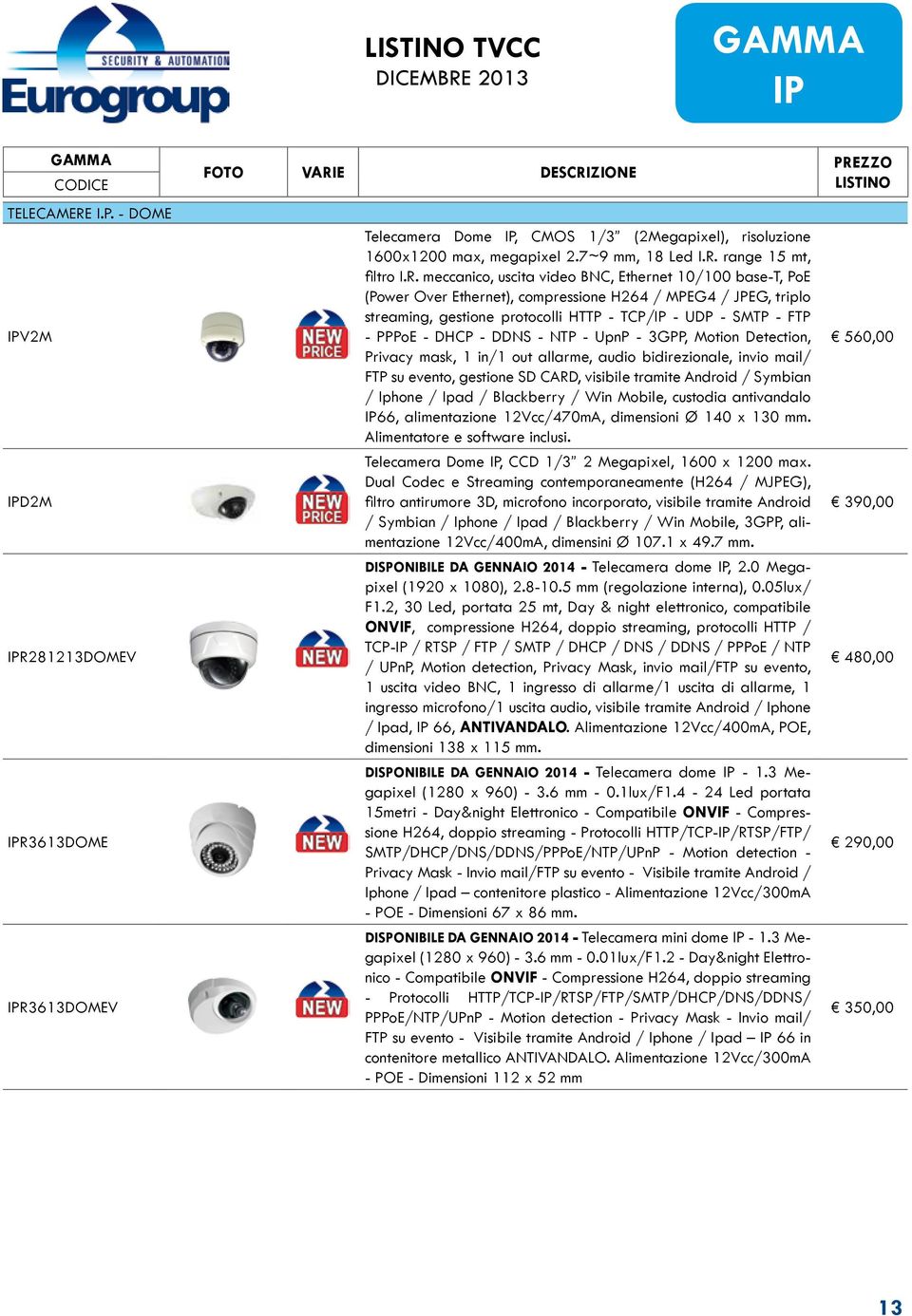 DHCP - DDNS - NTP - UpnP - 3GPP, Motion Detection, Privacy mask, 1 in/1 out allarme, audio bidirezionale, invio mail/ FTP su evento, gestione SD CARD, visibile tramite Android / Symbian / Iphone /