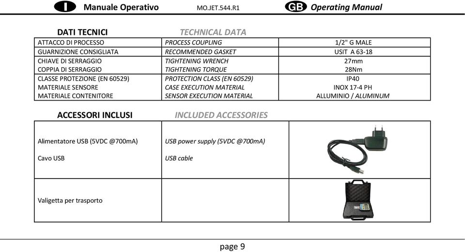 MATERIALE CONTENITORE PROTECTION CLASS (EN 60529) CASE EXECUTION MATERIAL SENSOR EXECUTION MATERIAL IP40 INOX 17-4 PH ALLUMINIO / ALUMINUM