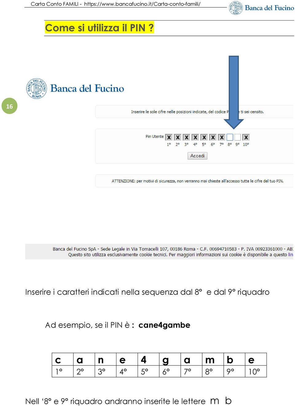 dal 9 riquadro Ad esempio, se il PIN è : cane4gambe c a