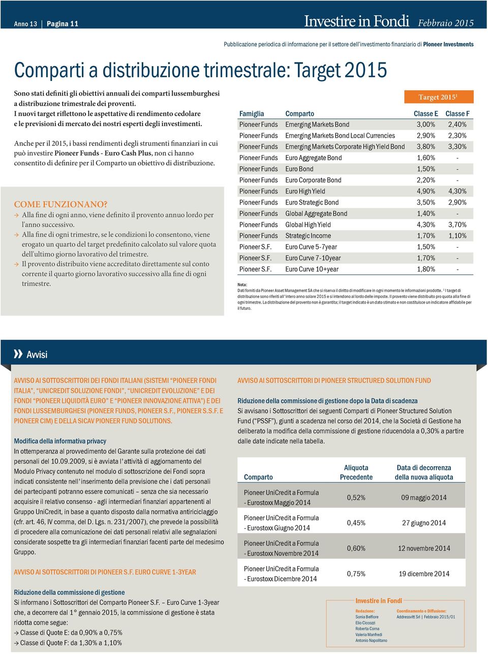 Anche per il 2015, i bassi rendimenti degli strumenti finanziari in cui può investire Pioneer Funds - Euro Cash Plus, non ci hanno consentito di definire per il Comparto un obiettivo di distribuzione.