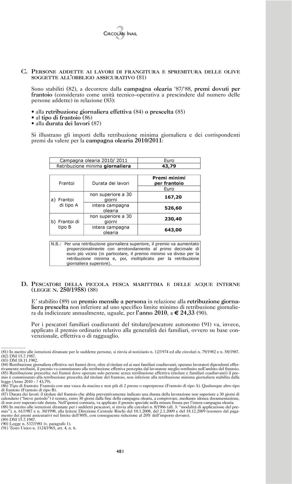 (considerato come unità tecnico operativa a prescindere dal numero delle persone addette) in relazione (83): alla retribuzione giornaliera effettiva (84) o prescelta (85) al tipo di frantoio (86)