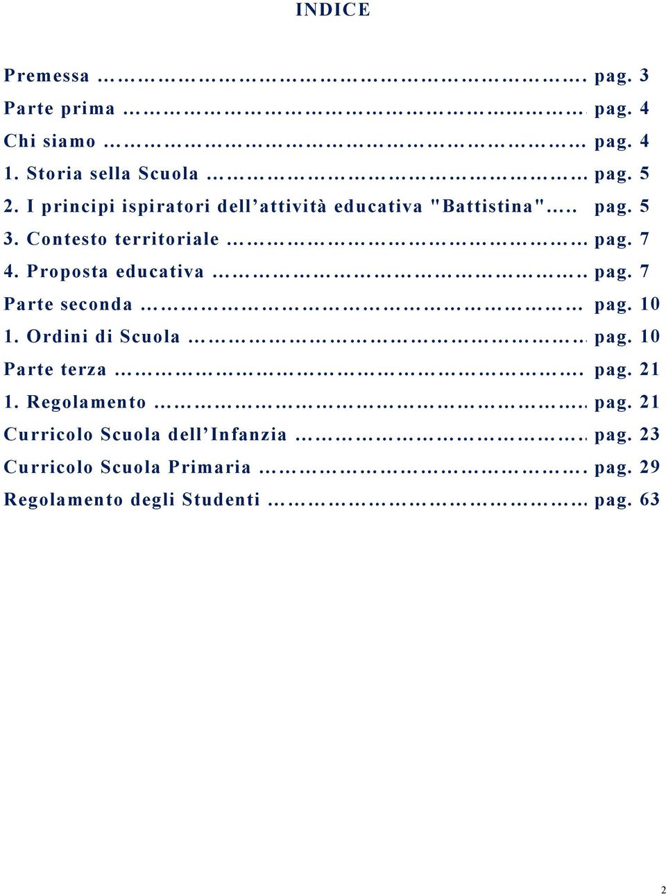 Proposta educativa pag. 7 Parte seconda pag. 10 1. Ordini di Scuola pag. 10 Parte terza. pag. 21 1.