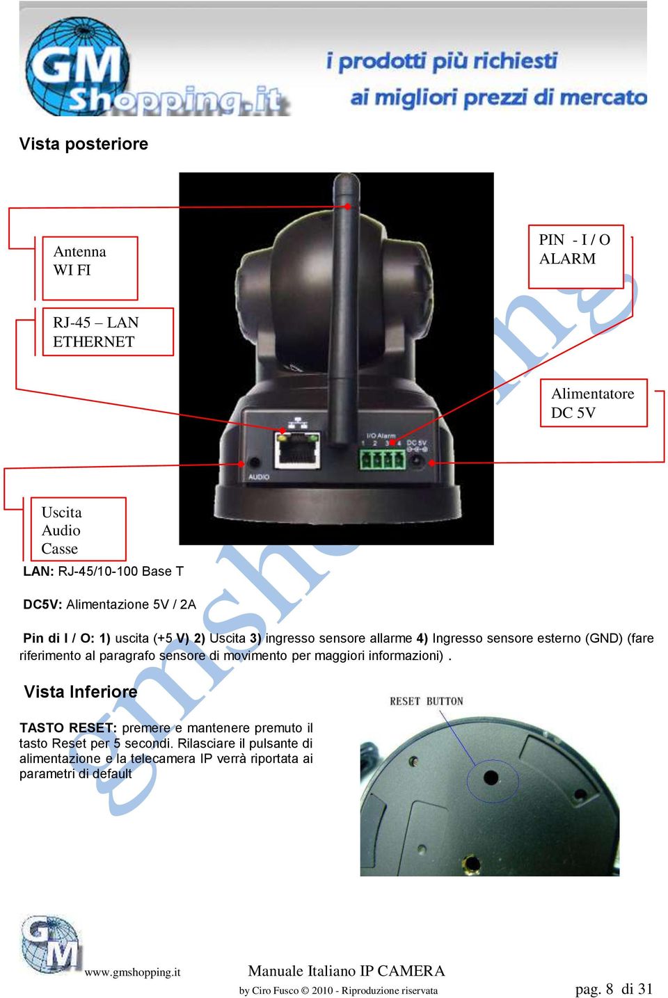 paragrafo sensore di movimento per maggiori informazioni). Vista Inferiore TASTO RESET: premere e mantenere premuto il tasto Reset per 5 secondi.